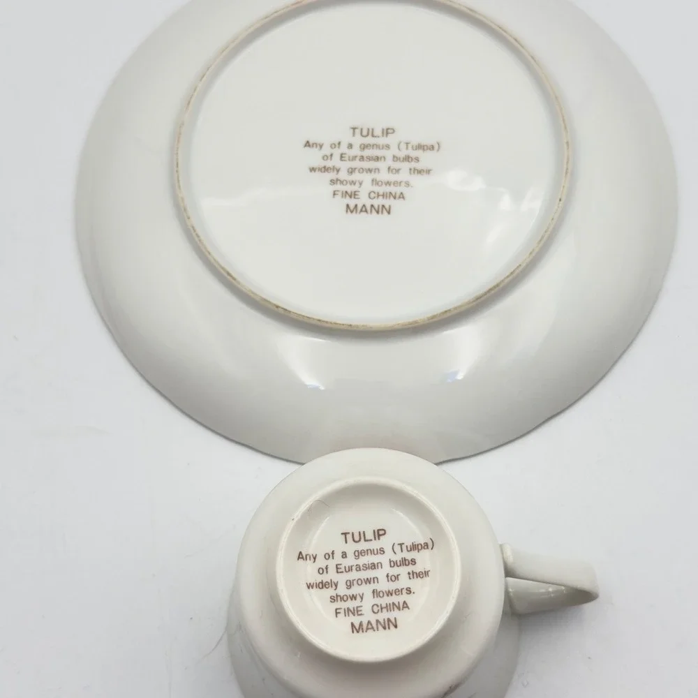 Mann Fine China Red Tulip Botanical Snack Set Cup and Scalloped Plate Vintage